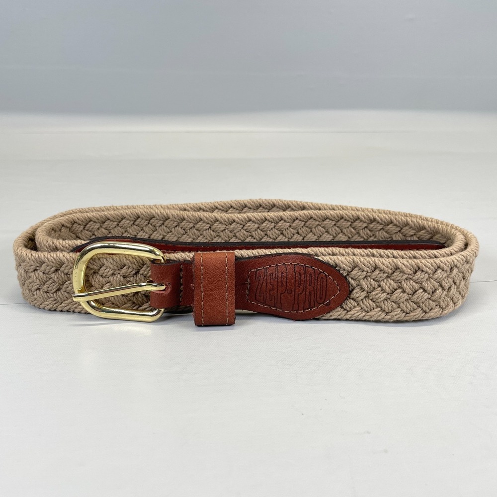 ZEP-PRO Belt Mens Size 44 Brown Beige Woven Fabric Leather Casual Brass - USA
